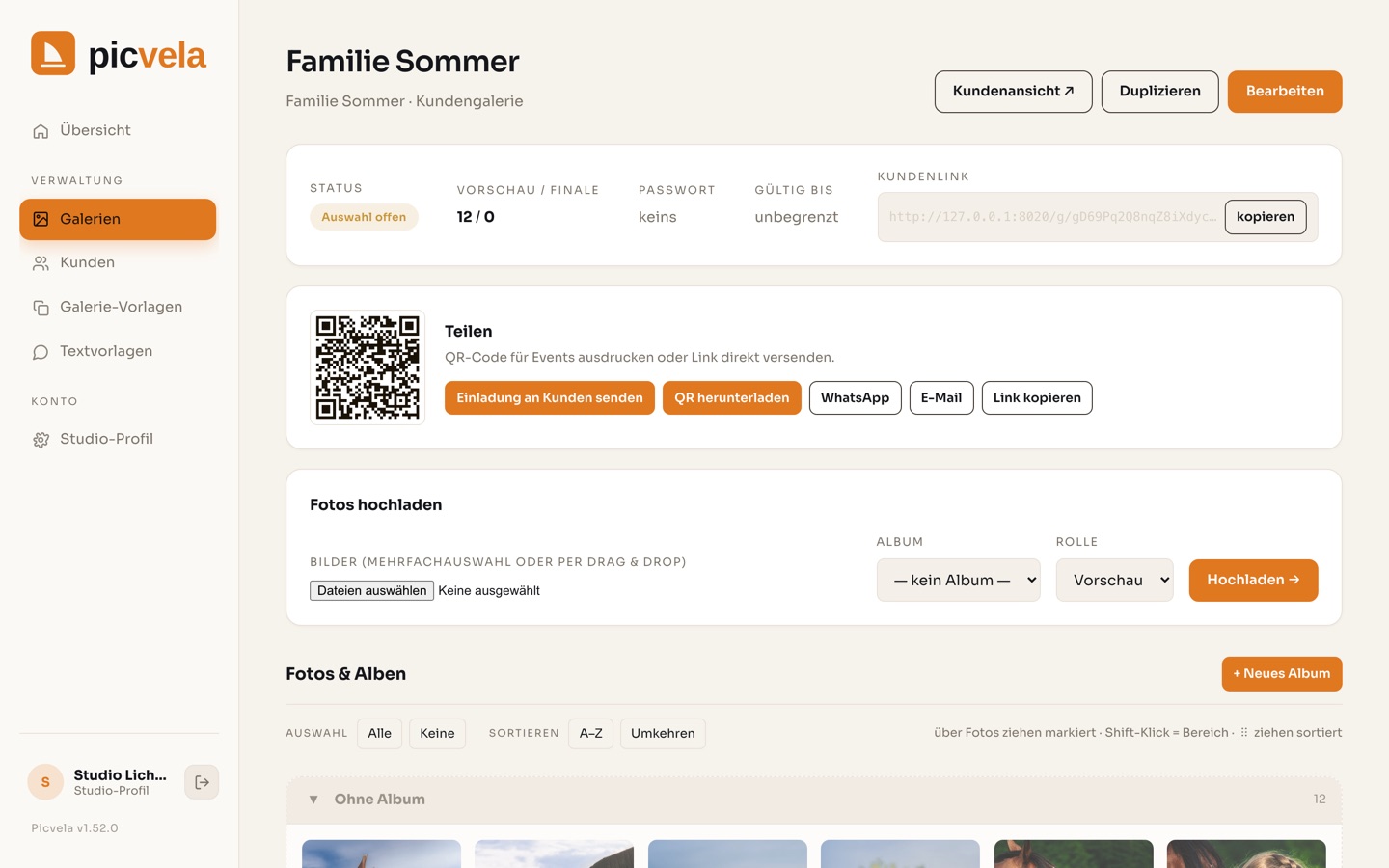 Das Picvela-Studio: Galerie mit Status, QR-Code zum Teilen, Upload und Alben