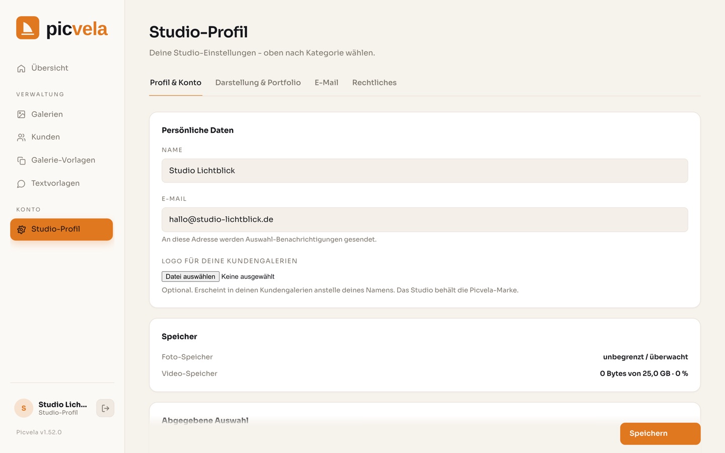 Studio-Profil in Picvela: Logo, Studio-Name und Signatur für die eigene Marke hinterlegen